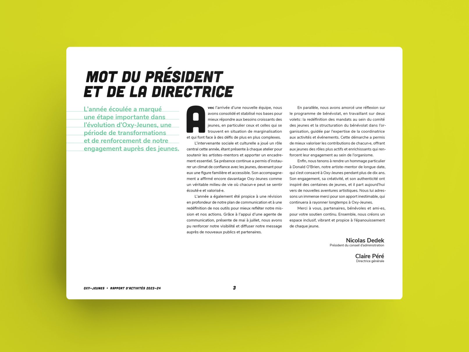 Rapport annuel Oxy-Jeunes 2024, design par Sophie Ouch