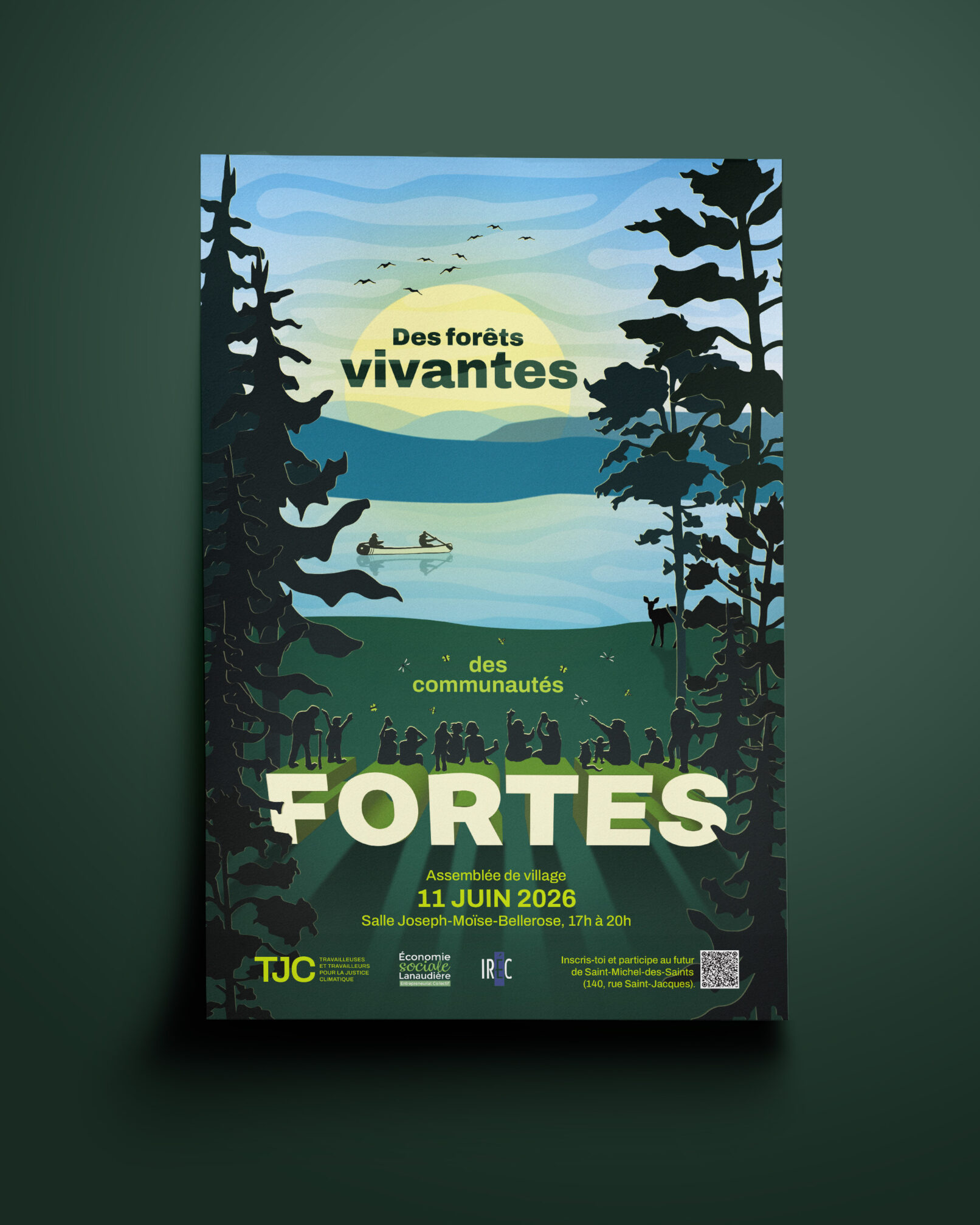 Affiche illustrée de l'assemblée de village de Saint-Michel-des-Saints pour TJC