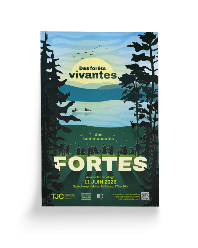 affiche illustrée de l'assemblée de village de St-Michel-des-Sts pour TJC